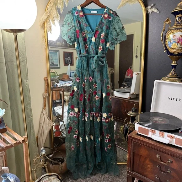 Fehrnvi Green and Teal Floral Embroidered Tulle Faux Wrap Maxi Dress - Picture 2 of 9